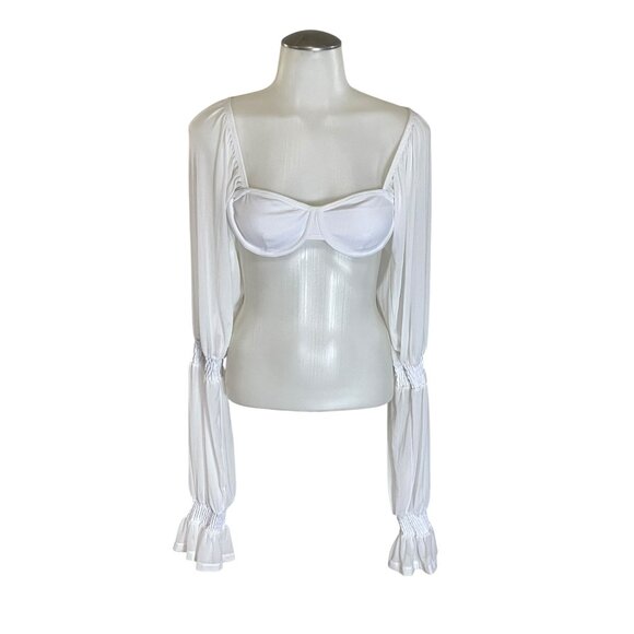 Princess Polly White Long Sleeve Open Back Crop Top With Tie Detail & Puff Sleev - Picture 3 of 11